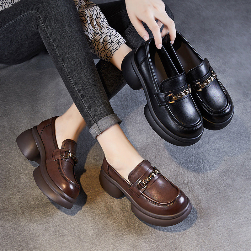 Women's British Retro Brown Medium-sized Mouth Platform Leather Shoes