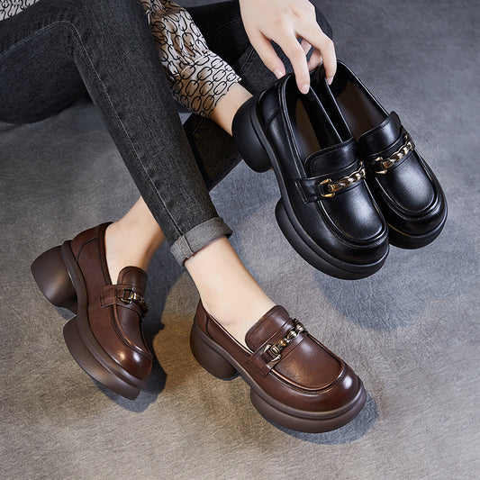 Women's British Retro Brown Medium-sized Mouth Platform Leather Shoes
