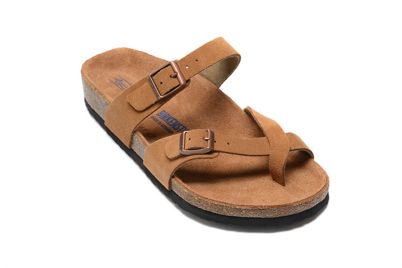 Women's & Men's Single Buckle Soft Bottom Cork Toe Ring Flat Slippers