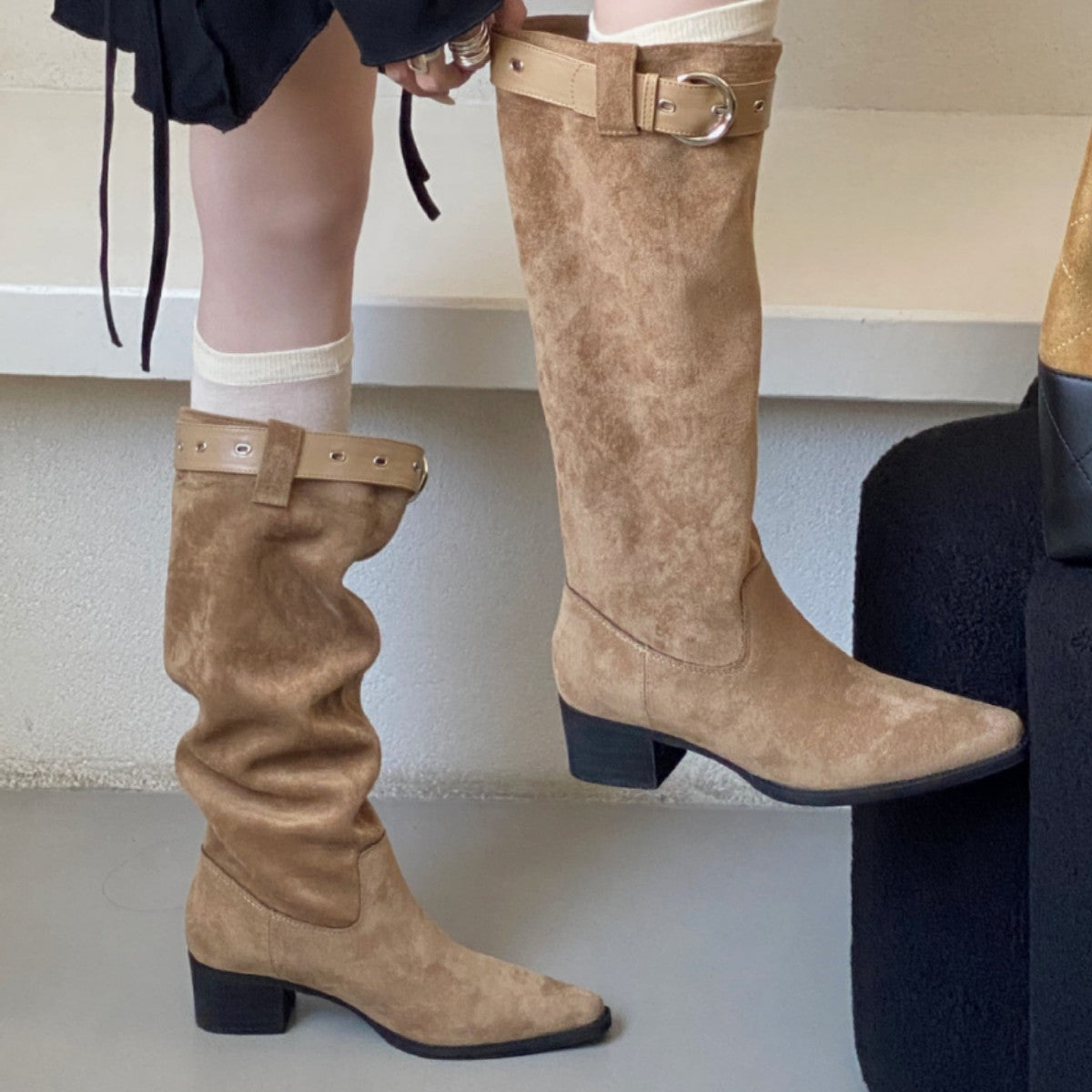 Women's Excluding Tax Below The Knee Long Female Khaki Suede Chunky Boots
