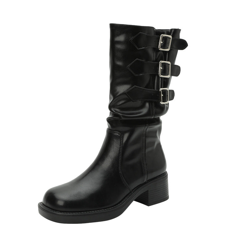 Women's Trendy Retro Belt Buckle Booties Western Boots