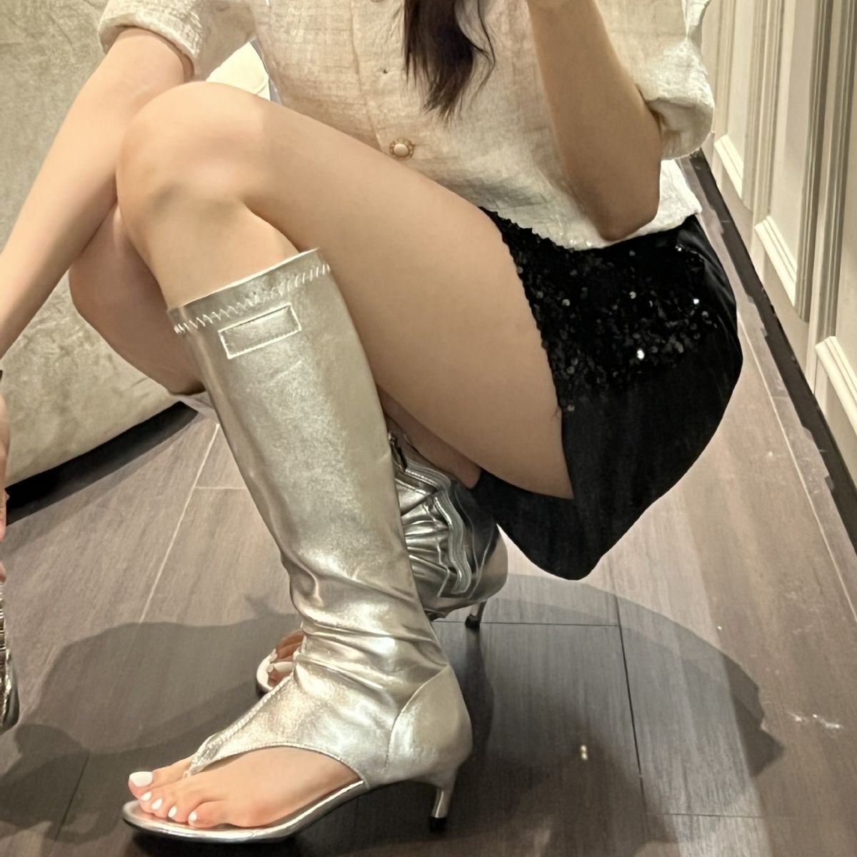 Cool Style Toe Below The Knee Stiletto High Leg Model Women's Leather Boots