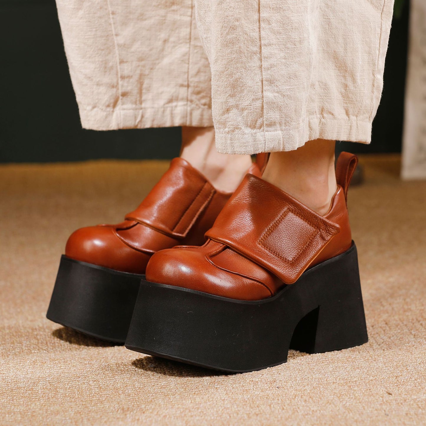 Women's Authentic Platform Pure Cowhide Small Elevator Velcro Deep Women's Fashion Shoes