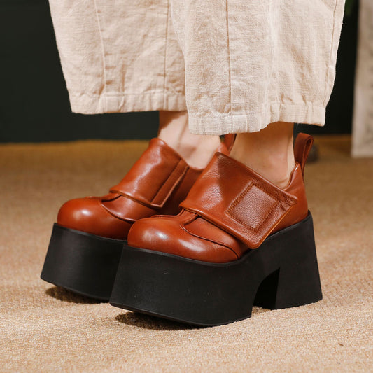 Women's Authentic Platform Pure Cowhide Small Elevator Velcro Deep Women's Fashion Shoes