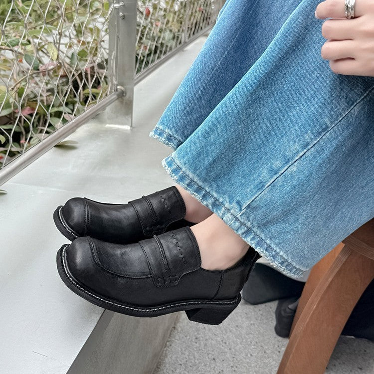Women's Spring Round Head Chunky Slip-on Cowhide Women's Fashion Shoes