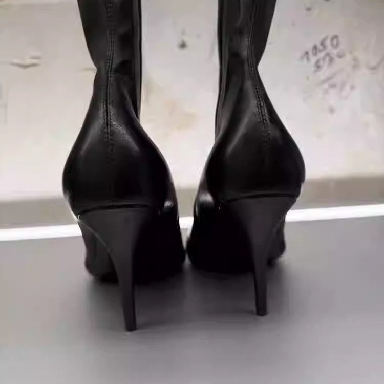 Women's Black Short Stretch Retro Skinny Stiletto Women's Leather Boots