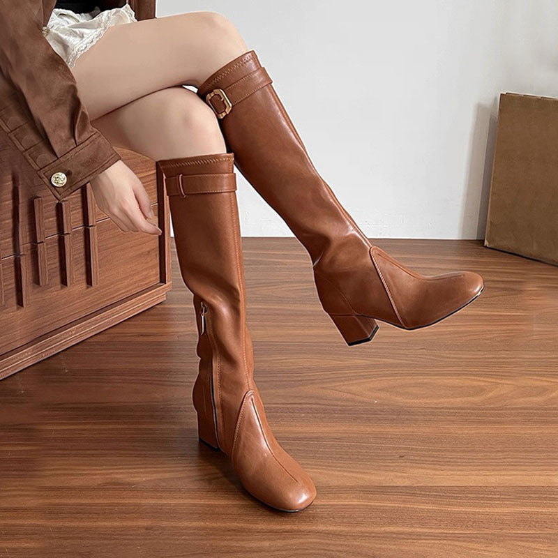 Buckle High Female Side Zipper Skinny Women's Leather Boots