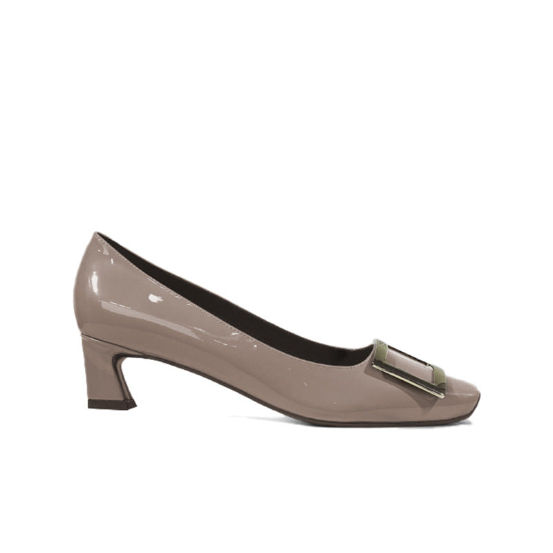 Spring Patent Square Buckle High Medium Chunky Workplace Commuter Shallow Heels