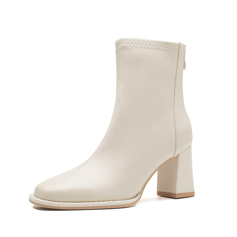 Women's Chunky Martin Simple Square Toe High Slimming Women's Leather Boots