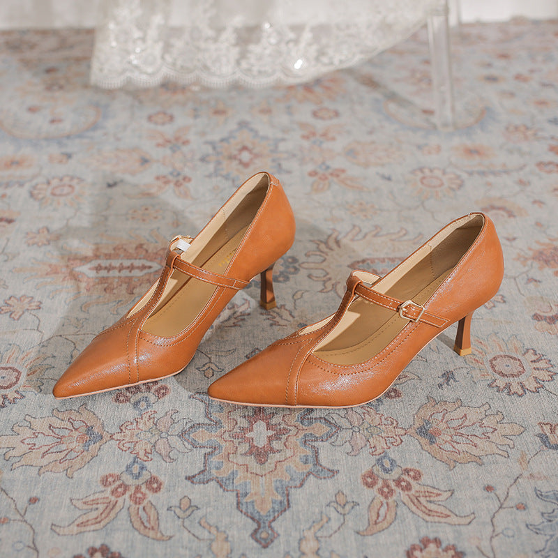 Women's Retro Minority Pointed High Stiletto Word Belt Shallow Women's Fashion Shoes