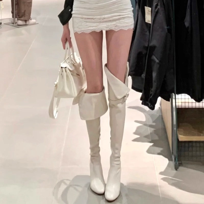 Women's Fashion Autumn Thick Slimming Pile Style Two-way Belt Buckle Retro Women's Leather Boots