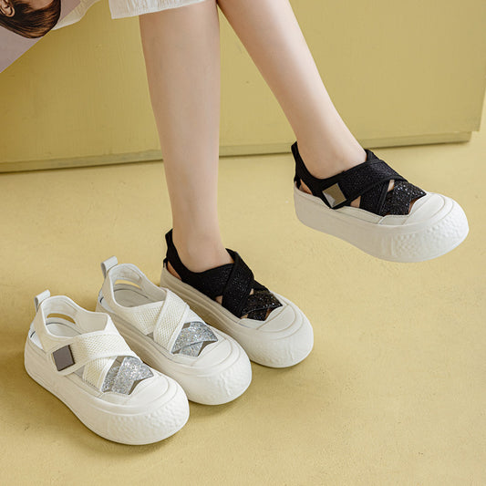 Women's White Hollow Summer Outdoor Velcro Plus Sandals