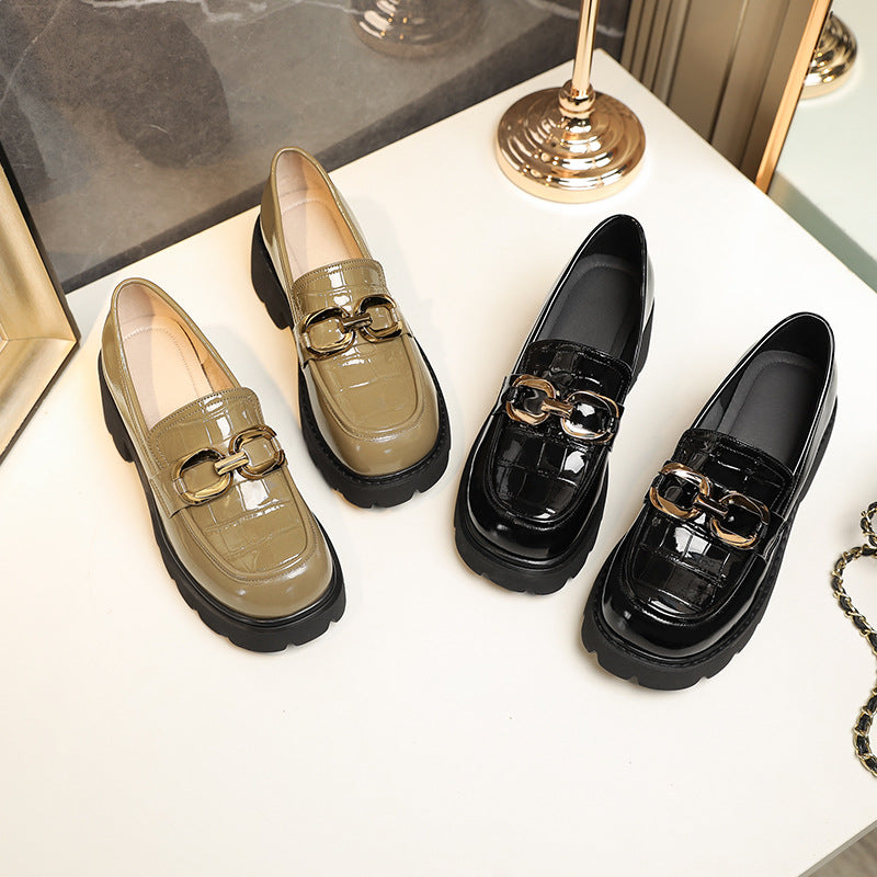 Women's Mid British Chunky Pumps Platform Black Leather Shoes