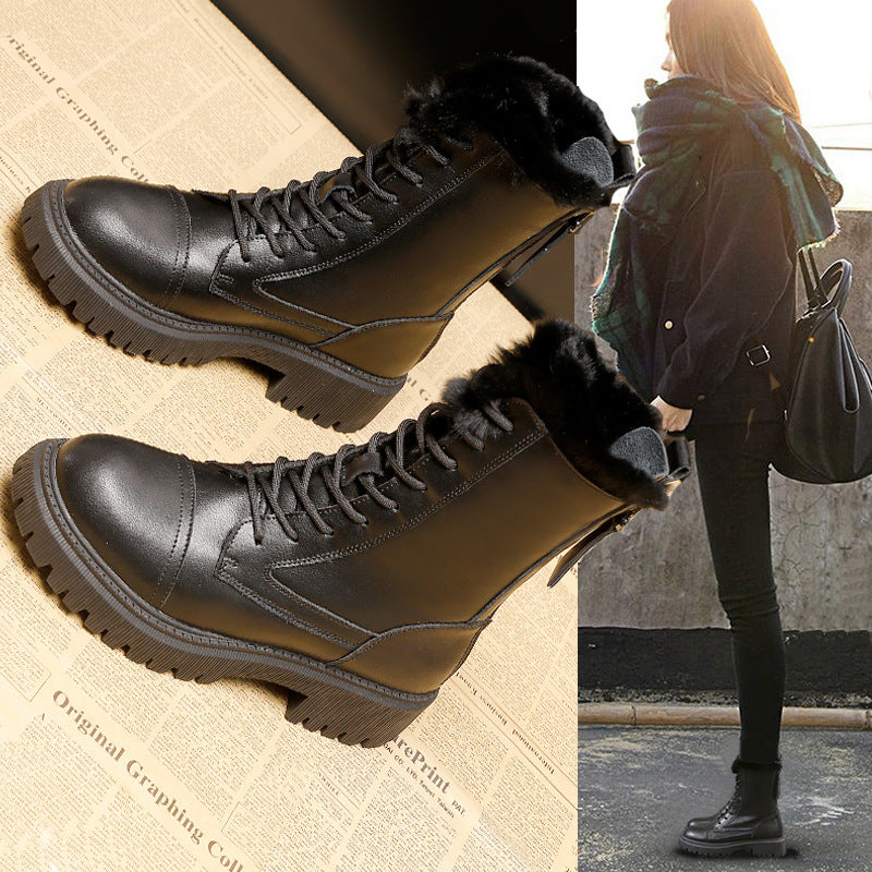 Women's Martin Real Fur Fleece-lined Thick-soled British Snow Boots