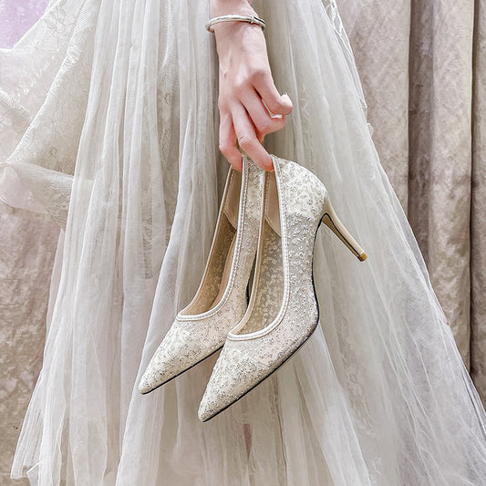 Women's Mesh Sequins Dress Bridesmaid Lace Banquet Heels