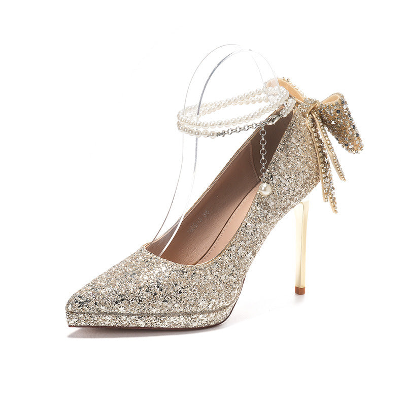 Women's Crystal Sequined Adult Ceremony Pearl Chain Bow Heels