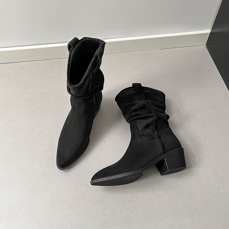 Women's V-shaped Mouth Thick Short Retro Length Pleated Pile Women's Leather Boots