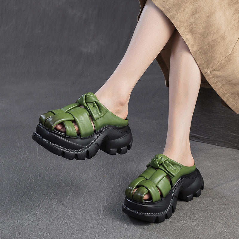 Women's Retro First Layer Cowhide Small Height Heels
