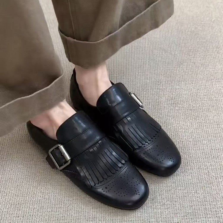 Women's Tassel Embroidery Flat Black Versatile Small Belt Loafers
