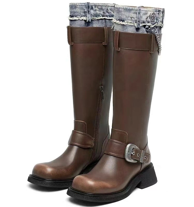Women's Motorcycle Denim Metal Buckle Genuine Knee-high Boots