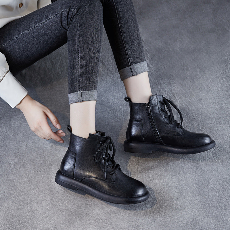 Women's Layer Cowhide Martin Retro British Style Short Women's Leather Boots