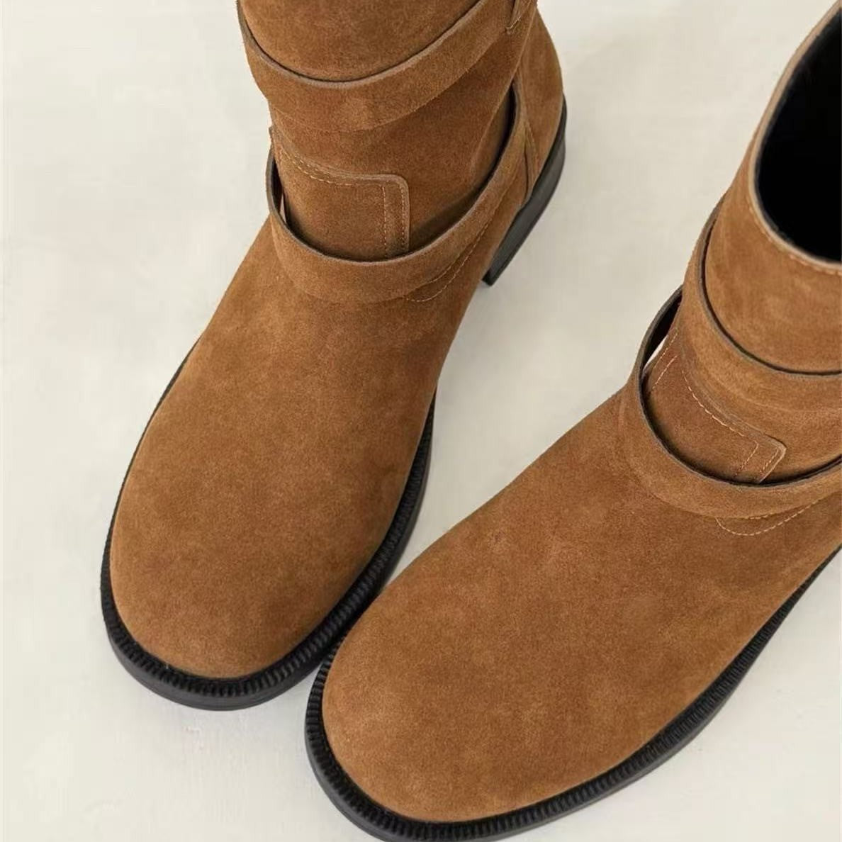 Women's Autumn Round Toe Square Belt Buckle Sleeve Simple Knight Women's Leather Boots