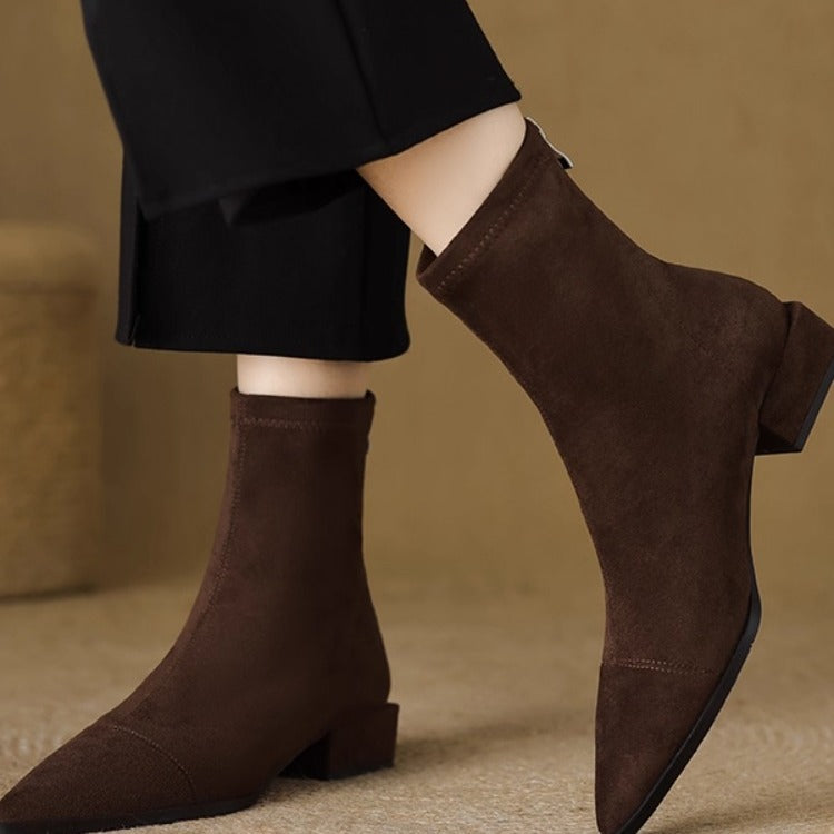 Women's Pointed Toe Stretch Thin Low Suede Chunky Back Women's Leather Boots