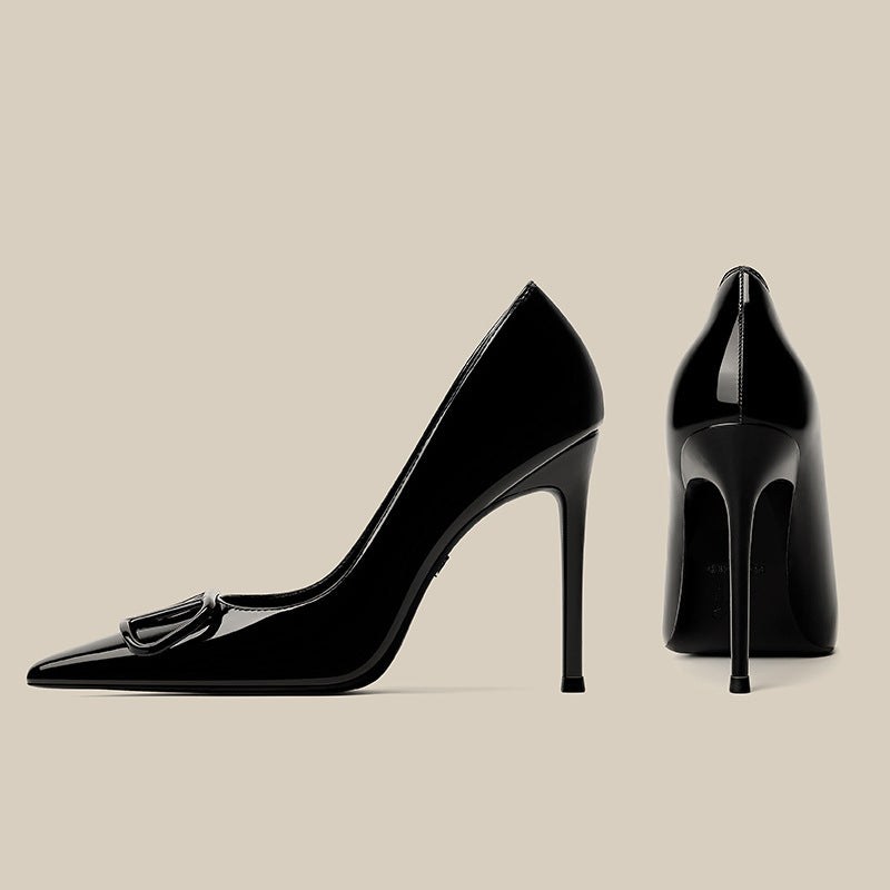 Women's Toe Black Buckle Patent Super High Low Women's Shoes