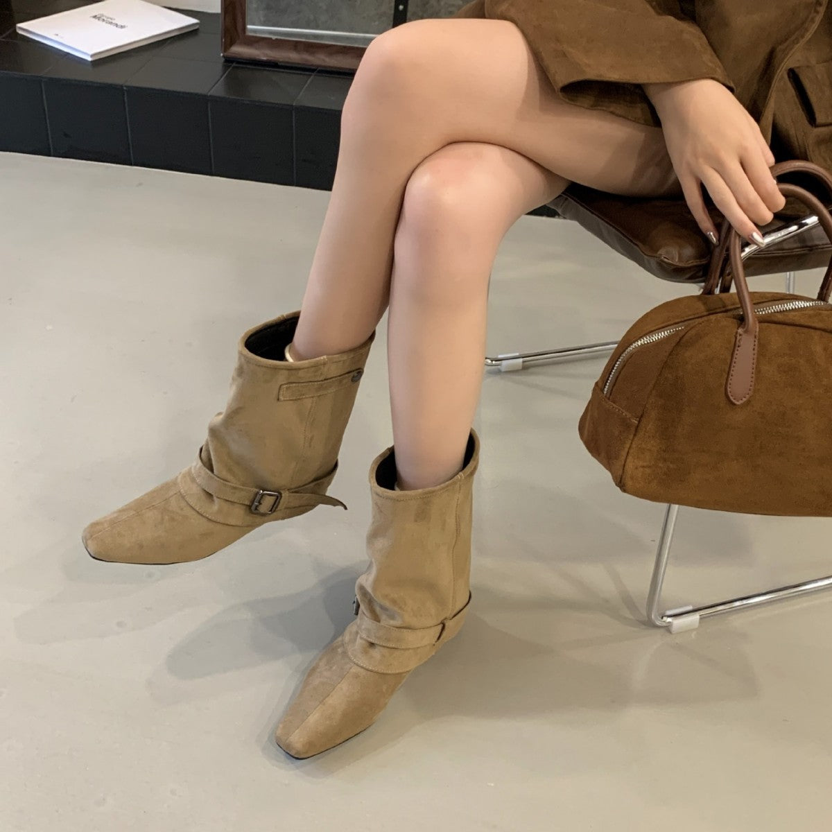 Tax-free Vintage Suede Khaki Bootie Female French Autumn Boots