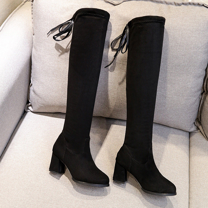 Long Female Slimming Thick Pointed Toe Boots