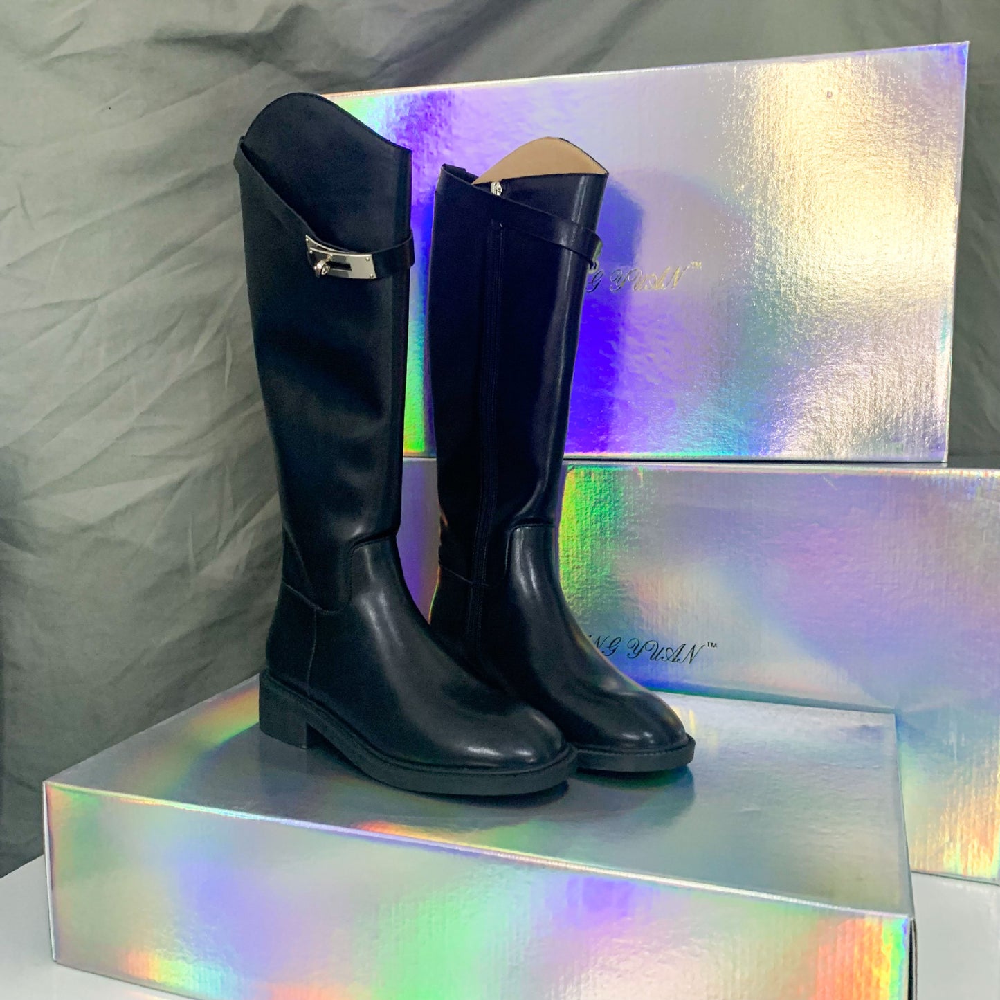 Second Hair Korean Style Slimming Oblique Lock Side Zipper Chunky Women's Leather Boots