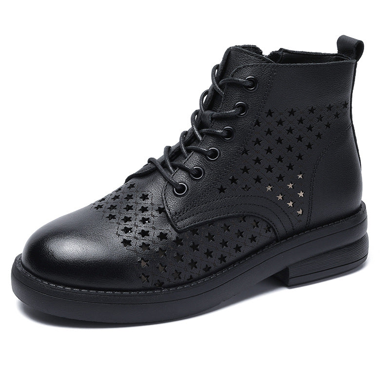Women's Spring First Layer Cowhide Hollow Short Boots
