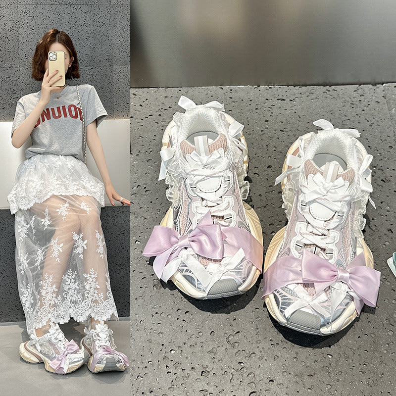 Women's Paris Lace Bow Half Dad Distressed Platform Height Sneakers