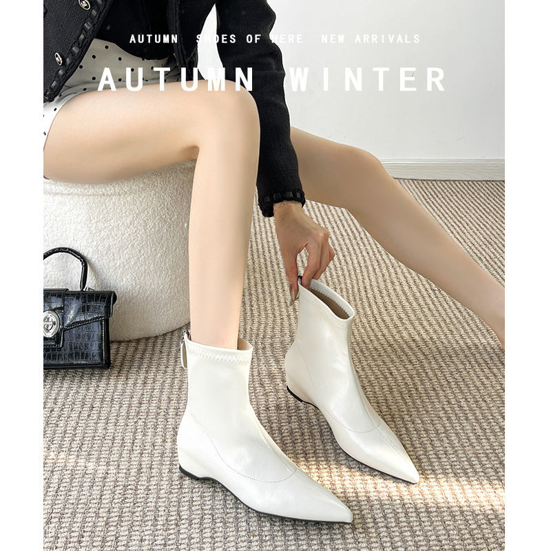 Pointed Toe Flat Ankle Female Brown Back Zipper Low Elastic Women's Leather Boots