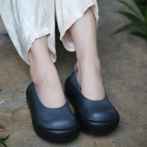 Women's Layer Cowhide Round Mouth Pumps Soft Back Thick Feet Platform Sandals