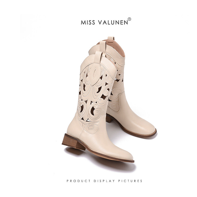 Women's Short Retro Ethnic Style Thick Bottom Motorcycle Chunky Women's Leather Boots