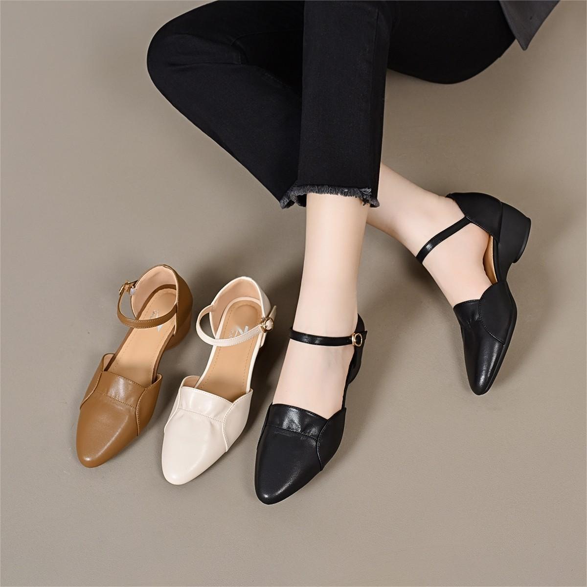 Women's Cowhide Pointed Buckle Hollow Back Empty Chunky High Heeled Sandals