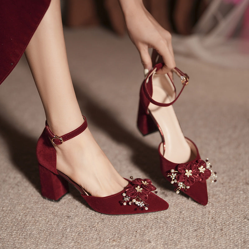 Women's Red Wedding Bridal Small Size Chunky Widened Fattened Heels