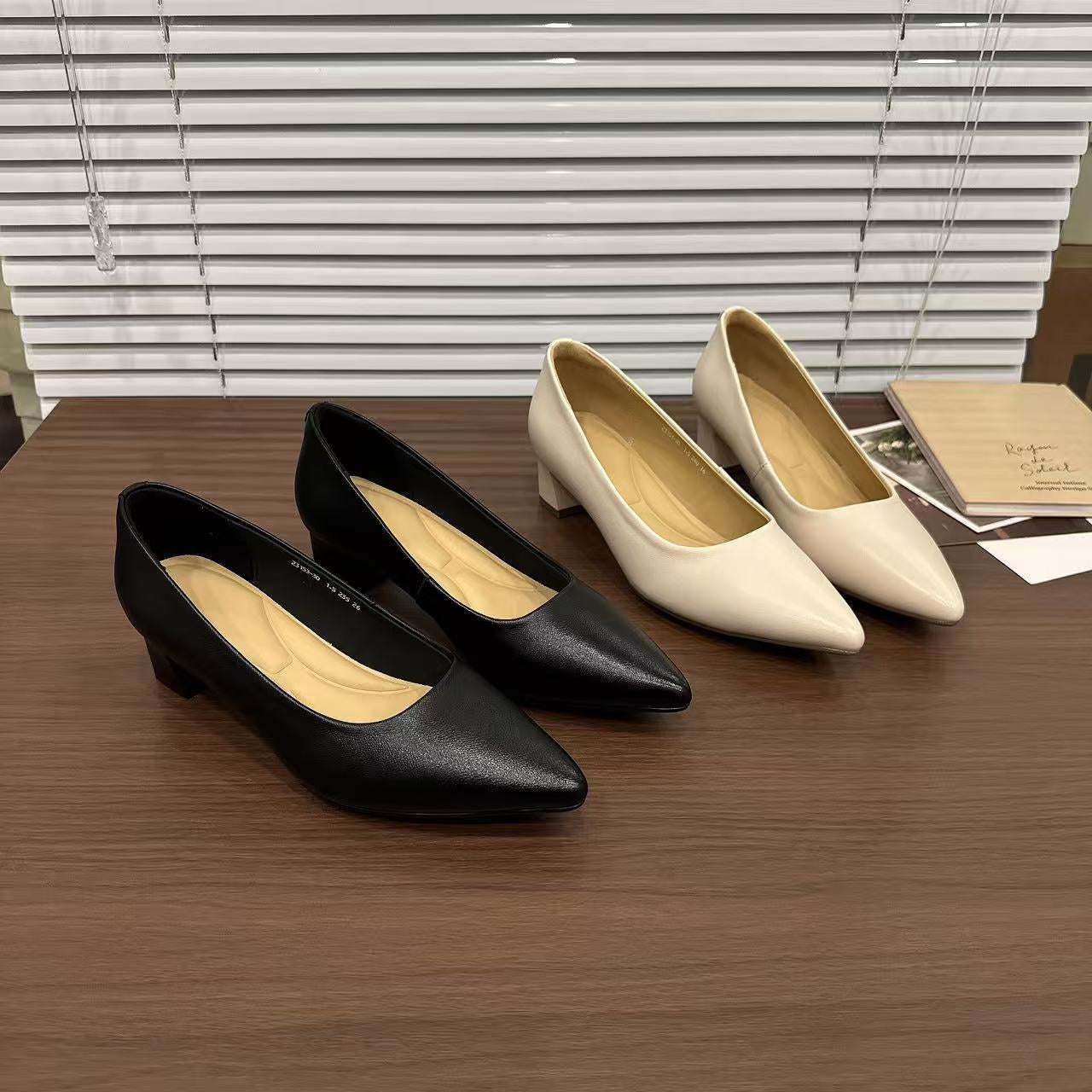 Spring Genuine Pointed Toe Chunky Low-cut Simple French Women's Fashion Shoes