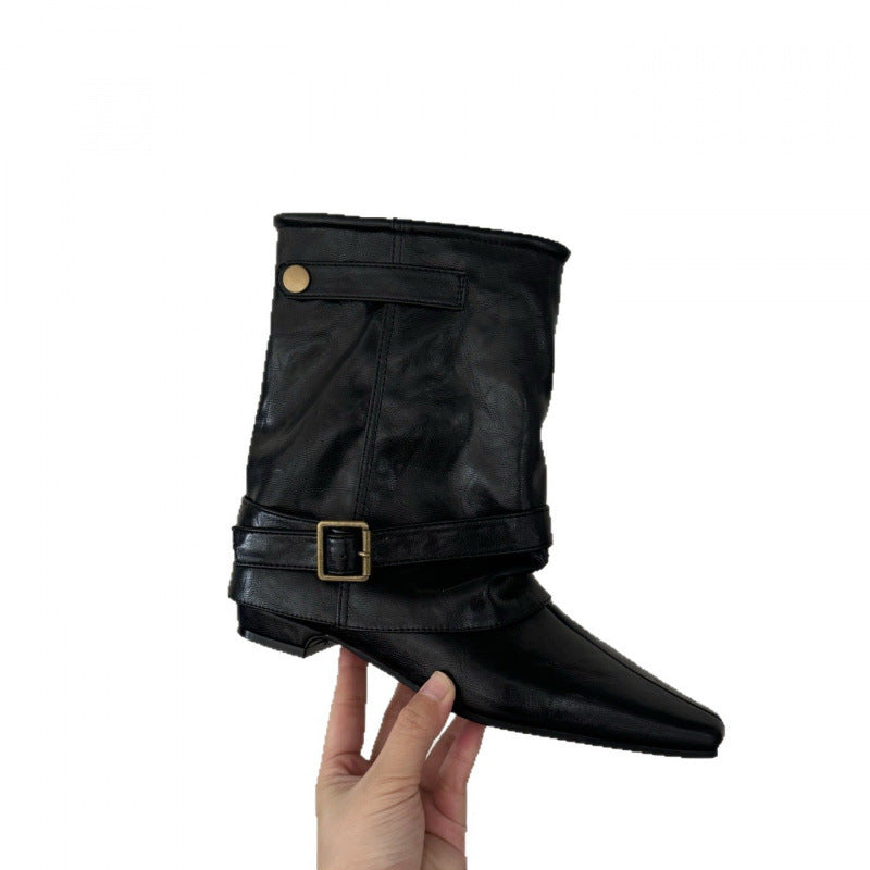 Women's Chunky Square Toe Pantyhose Ankle Belt Buckle Knight Vacation Women's Leather Boots