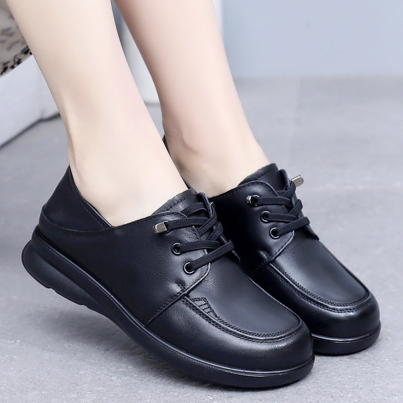 Women's Spring British Style Round Toe Flats Soft Cowhide Women's Shoes