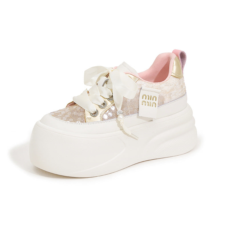 Women's White Summer Hollow Mesh Muffin Thick-soled Height Sneakers