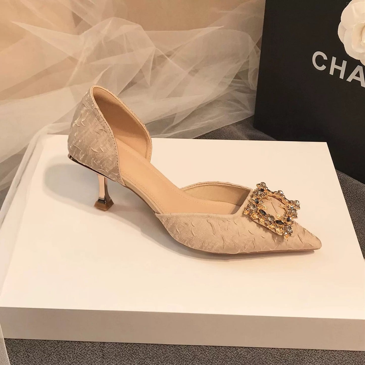 Women's Satin Square Buckle Rhinestone Pink High Heels