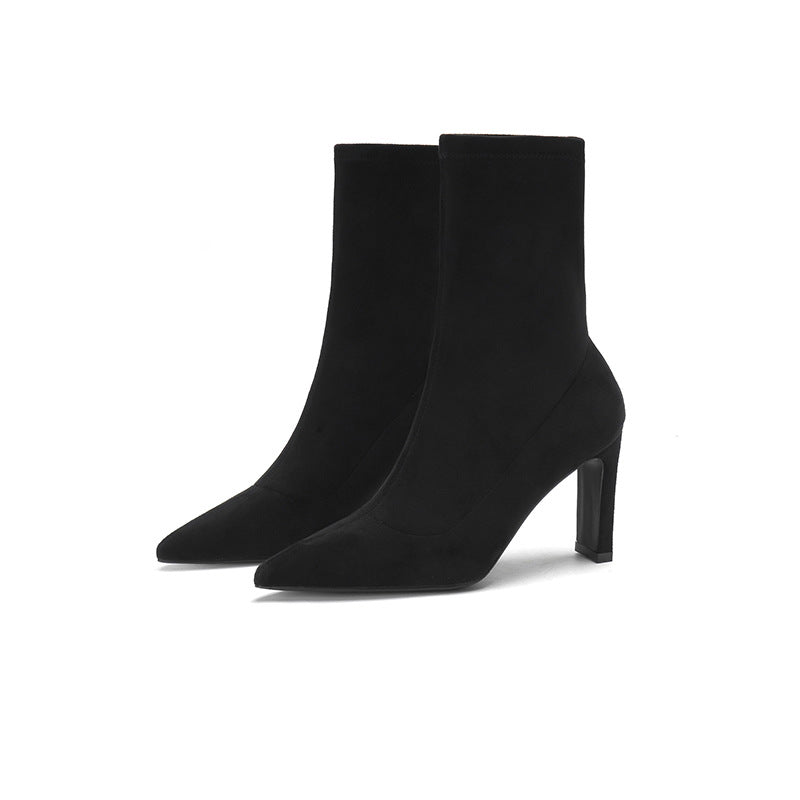 Women's Pointed Ankle Suede Chunky High Fashion Korean Women's Leather Boots