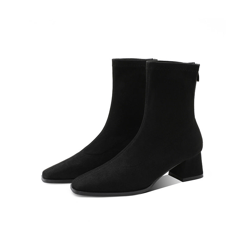 Women's Ankle For Elegant Simple Fashionable Slimming Back Zipper Square Women's Leather Boots
