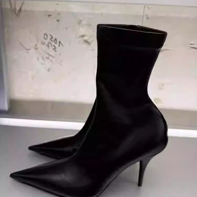 Women's Black Short Stretch Retro Skinny Stiletto Women's Leather Boots