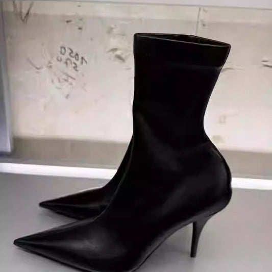 Women's Black Short Stretch Retro Skinny Stiletto Women's Leather Boots