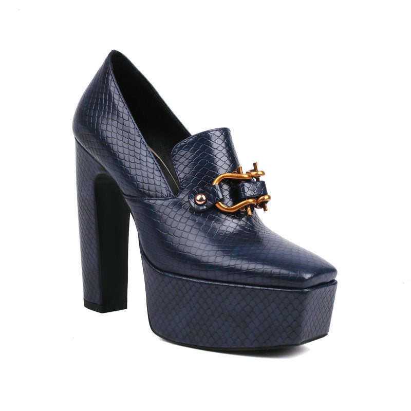 Women's Snake Pattern Square Toe Platform Thick Super Waterproof Metal Fastener Women's Fashion Shoes