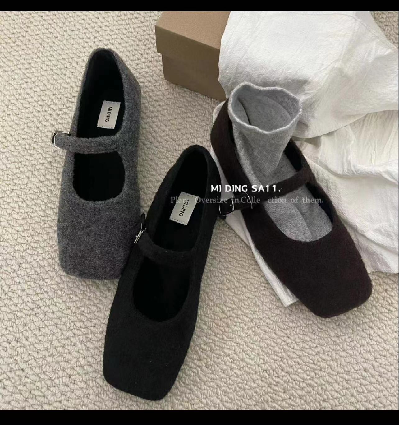 Women's Woolen Square Toe Buckle Flat Mary Casual Shoes