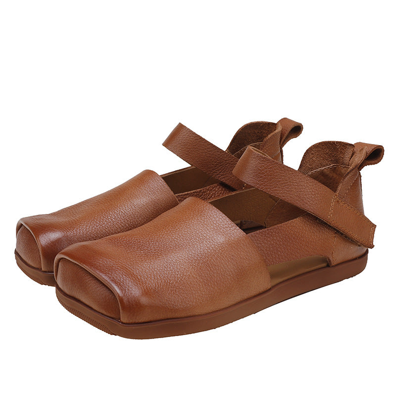 Women's Square Toe Soft Bottom Retro Genuine Flat Sandals